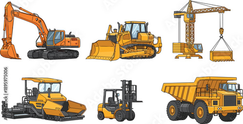 Flat illustration of heavy construction equipment collection featuring excavator bulldozer crane forklift dump truck, industrial machinery set for building, 