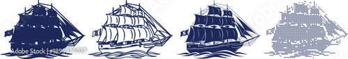 Vintage sailing ship icon set for nautical travel and maritime ocean