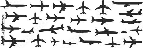 Comprehensive assortment of black airplane silhouettes illustrating a multitude of aircraft and flight orientations on a white backdrop