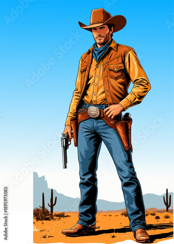 064-37-Cowboy holding a revolver in western wear standing in a desert with cactuses