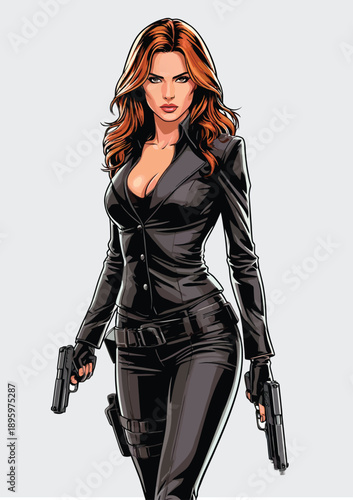 064-40-Red-haired woman wearing a black leather suit and holding two guns, representing a spy or hero