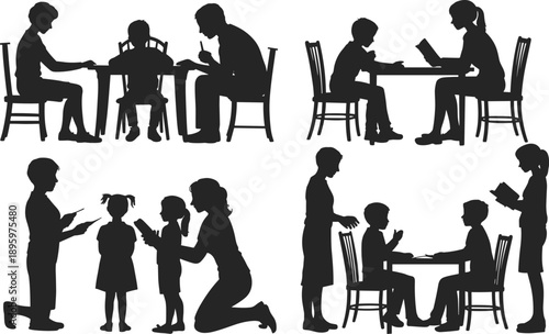 Diverse family members engaged in learning activities together at tables and standing in various educational settings