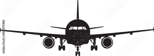 Front view airplane silhouette flying isolated on white background