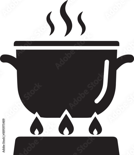 Cooking pot on gas stove burner with steam rising in kitchen icon