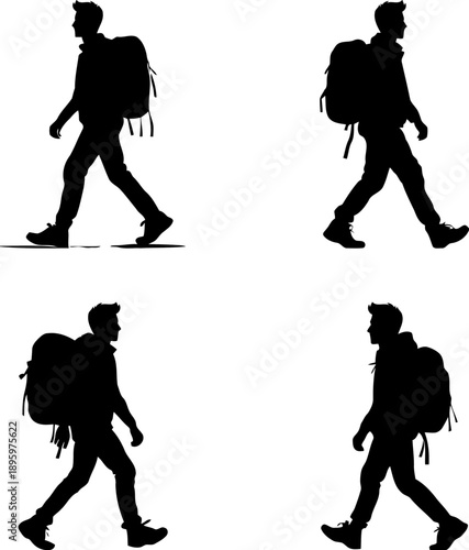 Four silhouettes of men walking with backpacks on white background