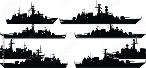Military warship silhouettes collection featuring modern navy destroyers and battleships, armed naval vessels set, maritime defense and ocean warfare black vector illustration