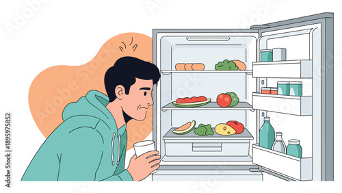 Young man looking into an open refrigerator filled with various fresh foods and beverages while holding a glass of water.