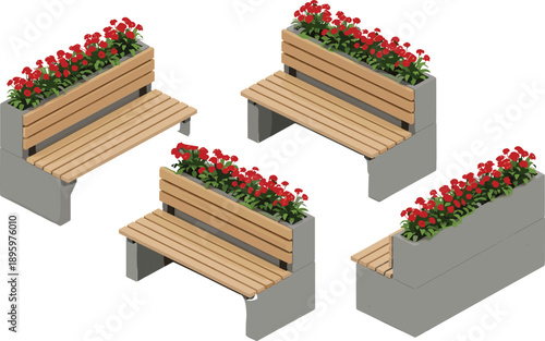 Modern park bench with integrated flower planter designs set, outdoor urban furniture concept, wooden seating with greenery, landscape architecture vector illustration collection