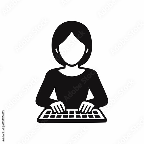 Simple graphic icon of a woman typing on a keyboard, representing concepts of productivity, online work, data entry, remote job, and digital communication