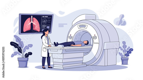 Medical professional monitoring a patient undergoing a magnetic resonance imaging scan in a modern hospital facility.