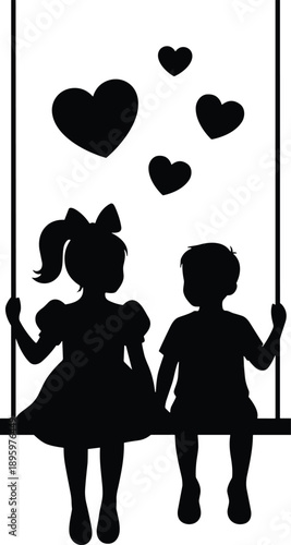 Romantic childhood silhouette illustration of boy and girl sitting on swing with hearts love innocence vector art for valentines design
