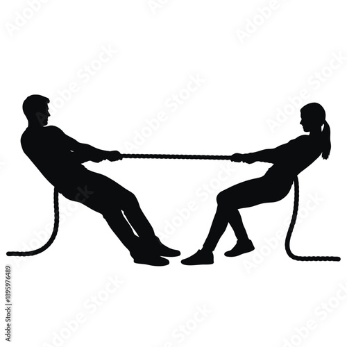 Silhouette of a man and woman engaged in a tug of war