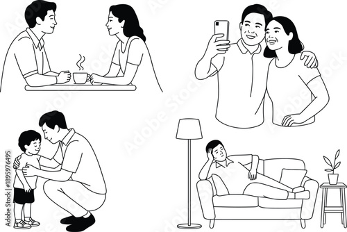 Modern family daily life illustration showing couple conversation parenting moments relaxing at home lifestyle scenes love bonding relationships minimal line art design concept