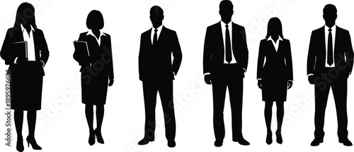 Silhouettes of Business Professionals Standing Together in Formal Attire on a White Background Keywords: business people, professionals, silhouettes, men, women, suits