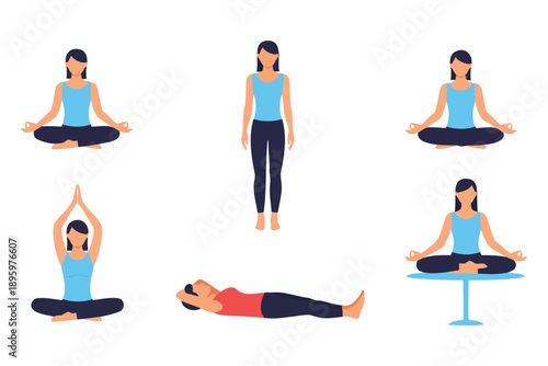 Illustrated collection of yoga poses featuring a woman in various meditation and relaxation positions for wellness and mindfulness practice
