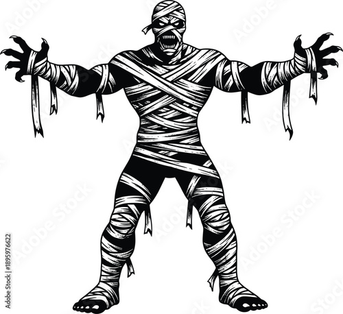 Mummy silhouette illustration, horror character artwork, ancient Egyptian monster design, Halloween spooky figure, wrapped bandages drawing, dark supernatural creature art