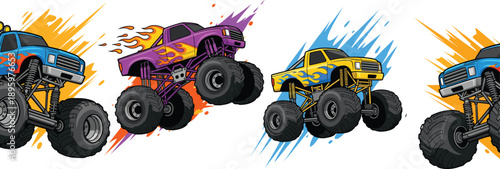 Monster trucks, colorful illustration, racing vehicles, extreme sports art, dynamic design, vibrant automotive artwork, off‑road adventure, children’s entertainment, action concept, digital drawing