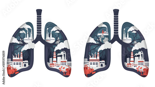 Twin sets of human lungs are filled with industrial factories and billowing smoke to represent the negative impact of air pollution.