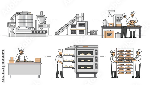Detailed illustration shows the industrial bakery production line from dough preparation to baking and cooling fresh bread loaves.