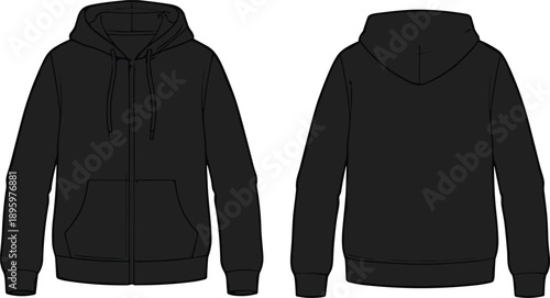 Men black zip hoodie front back view vector illustration flat design casual sweatshirt apparel template technical fashion outline clothing mockup