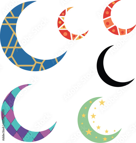 Minimal Ramadan flat illustration of crescent moon variations in different styles and sizes, clean flat vector design, geometric forms, balanced proportions, isolated on white background
