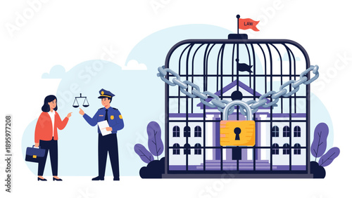 Government building is trapped inside a large metal birdcage with a heavy chain and padlock while a lawyer and police officer discuss laws.