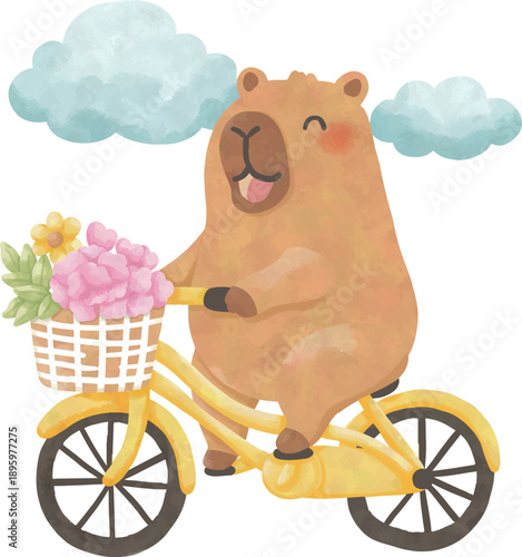 Cute Capybara Riding a Bicycle, Summer Watercolor Illustration