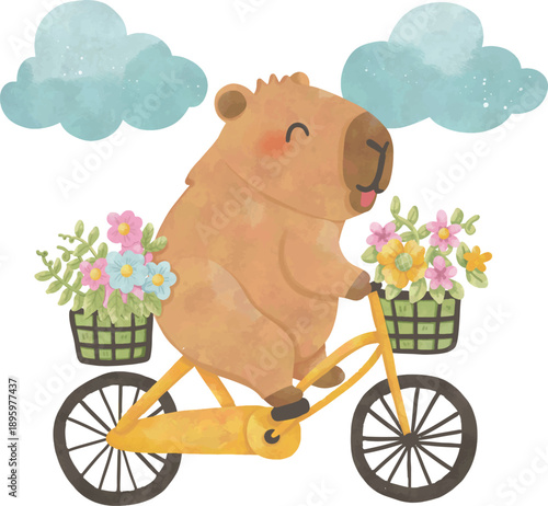 Cute Capybara Riding Bicycle with Flowers, Summer Watercolor Illustration