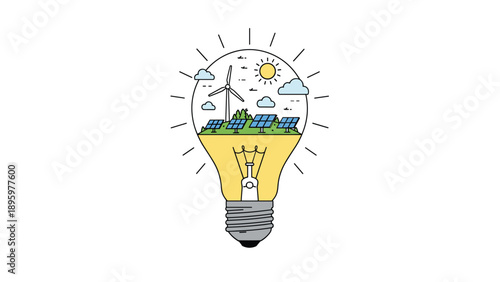 Eco-friendly light bulb contains a miniature landscape with solar panels and wind turbines representing sustainable green energy solutions.