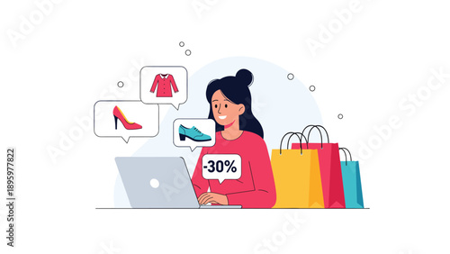 Happy young woman shops online using her laptop computer while surrounded by colorful shopping bags and floating icons of shoes and shirts.