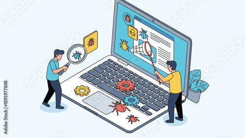 Tiny IT specialists work on a giant laptop computer to find and remove software bugs using a magnifying glass and a net to catch them.