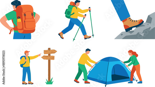 Flat Vector Character Set of People Hiking and Camping in Nature