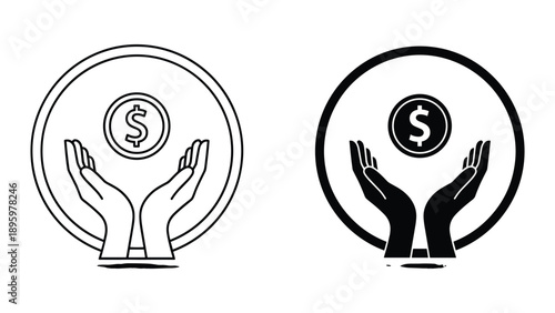 Hand holding dollar coin icon set