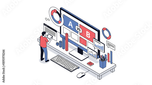Specialist performs an A over B comparison test on a large computer monitor to analyze data and improve website performance and user experience.
