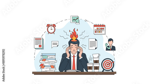 Exhausted office worker sits at a desk piled high with paperwork as his head literally catches fire from stress and tight deadlines.