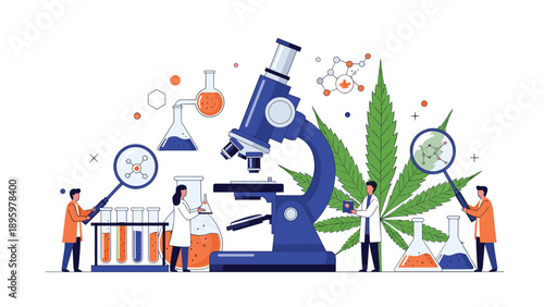 Group of laboratory scientists conducts research on a large cannabis leaf using microscopes, test tubes, and flasks for medical studies.