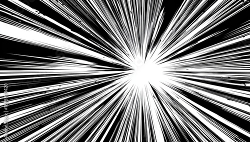 Black and white manga-style burst with converging lines from a central, bright point. Includes small speckled details scattered across