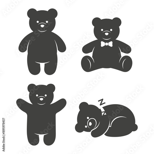Four grey teddy bear on a white background silhouette