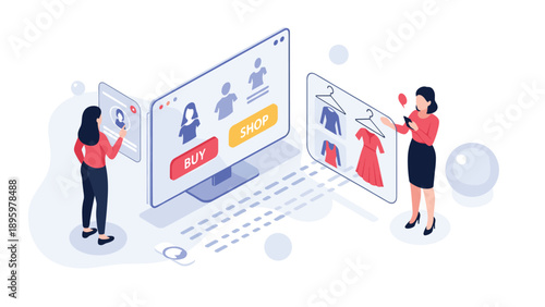 Two women use a futuristic digital interface to browse and buy clothes online from a virtual shop with many fashion options.