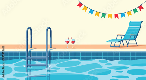 Relaxing summer scene features a blue swimming pool with a lounge chair, two glasses of red wine, and a festive colorful banner.