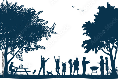 Silhouette of happy family and friends enjoying outdoor picnic barbecue in park with trees, children playing, social gathering, summer leisure lifestyle illustration