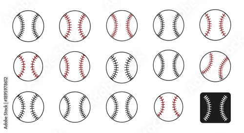 Grid of fifteen baseballs featuring different stitch colors and details including one inverted black and white version at the bottom.
