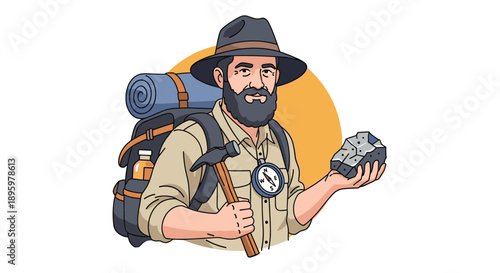 Bearded geologist or explorer with a backpack and hammer holds a grey rock sample while standing against a sunny circular background.