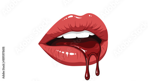 Seductive red lips with white teeth feature thick dark red blood dripping from the corner for a dramatic vampire or horror theme.