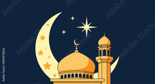 Serene evening scene of a golden mosque silhouette with a large crescent moon and twinkling stars in a dark blue night sky.