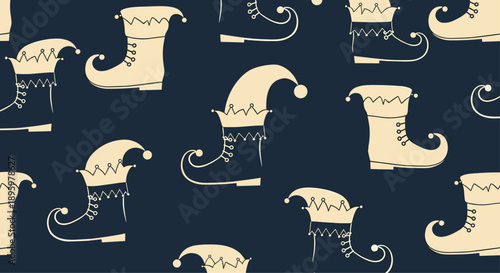 Festive seamless pattern of pointed elf boots in cream and dark blue colors creates a playful and whimsical christmas holiday background.