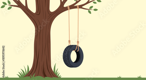 Simple tire swing hangs from a sturdy branch of a large green tree in a peaceful outdoor setting with grass and a soft yellow sky.