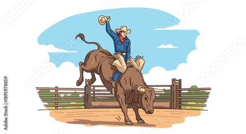 Brave cowboy in a blue shirt and hat rides a powerful bucking bull at a rodeo event with a fence and clouds in the background.