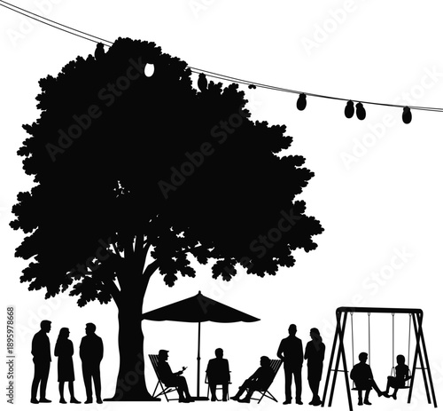Silhouette of people relaxing in a park under large tree with swings, lights, and chairs, peaceful outdoor social gathering scene illustration