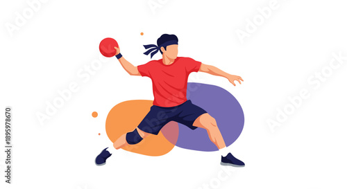 Active male player is poised to throw a red ball in a game of dodgeball with abstract colorful shapes and dots in the background.